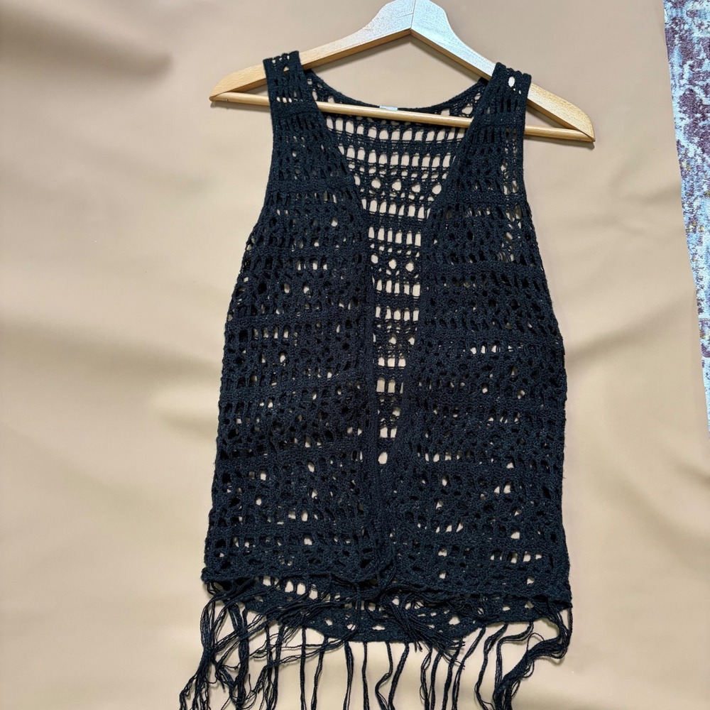 Womens Black Crochet Knit Open Front Fringe Vest Boho Festival Sleeveless Layer - Picture 6 of 9